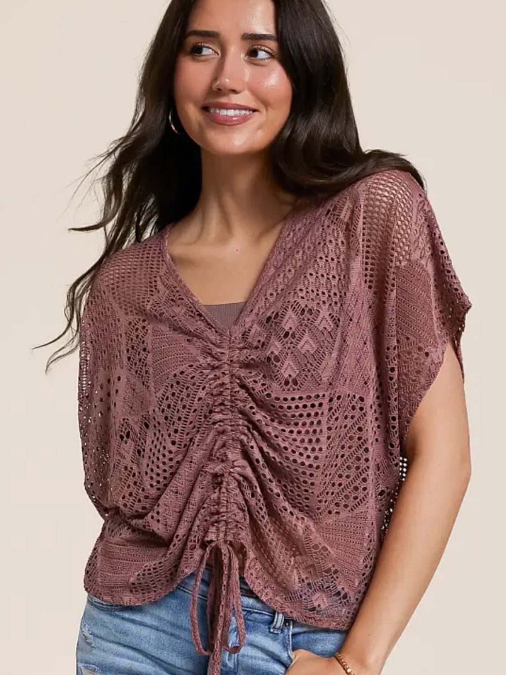 Daytrip Mauve Crochet Drawstring V-Neck Crop Top